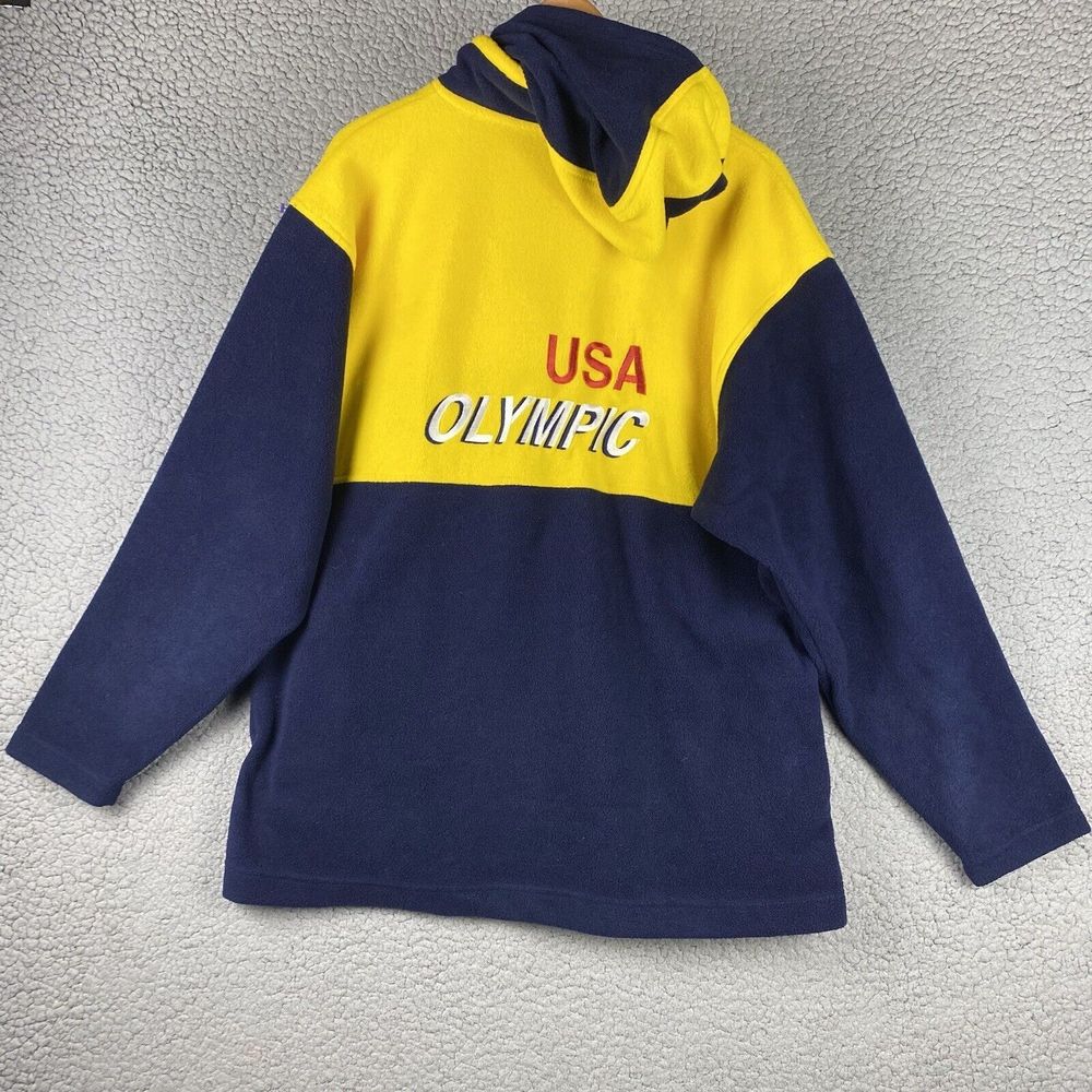 VTG USA Olympic Hooded Fleece Sweater Mens L 1/4 Zip Jacket JCPenney Blue Yellow